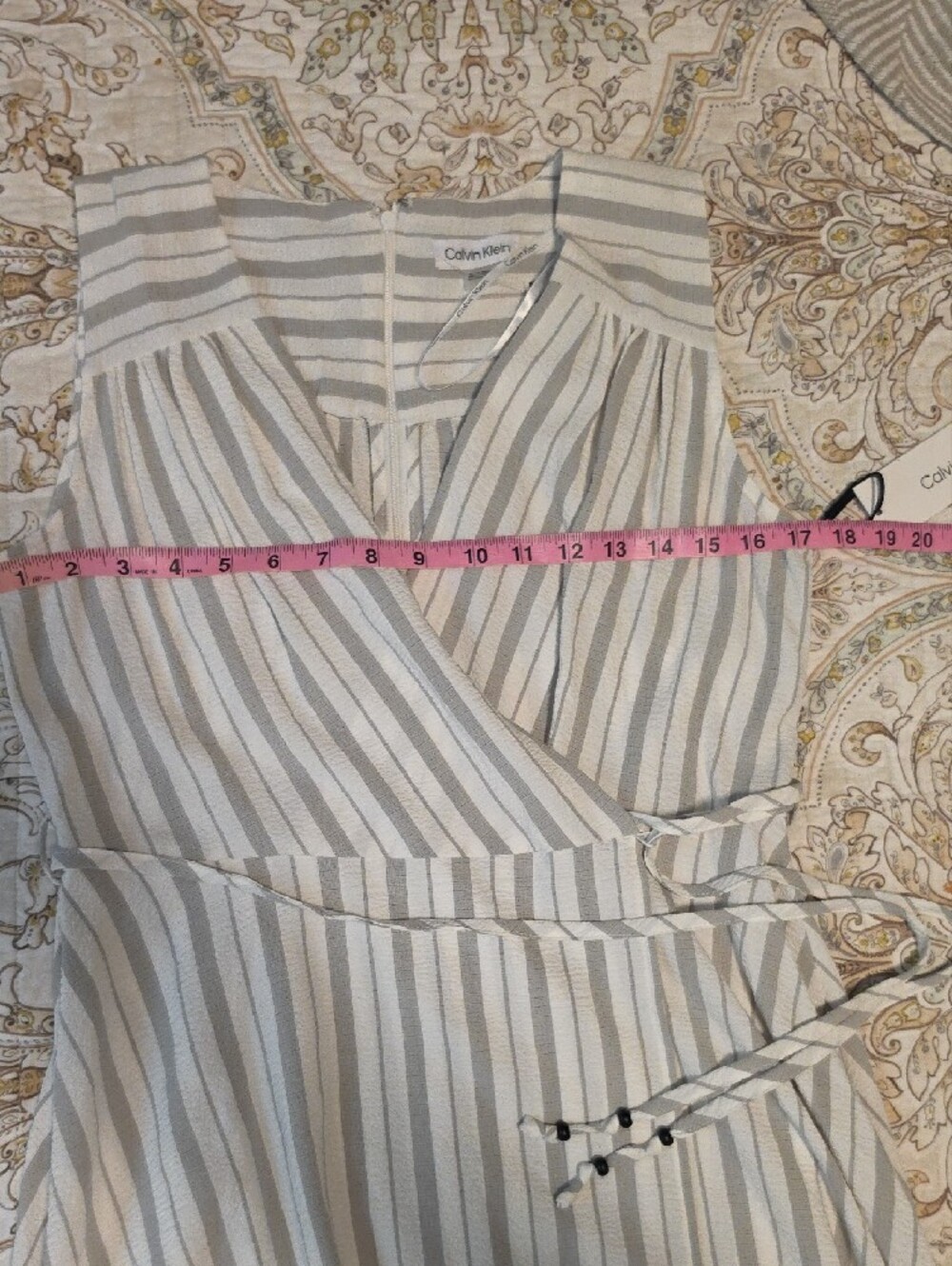 Calvin Klein White and Light Gray Striped Wrap Maxi Dress with Tie Waist - Picture 15 of 16